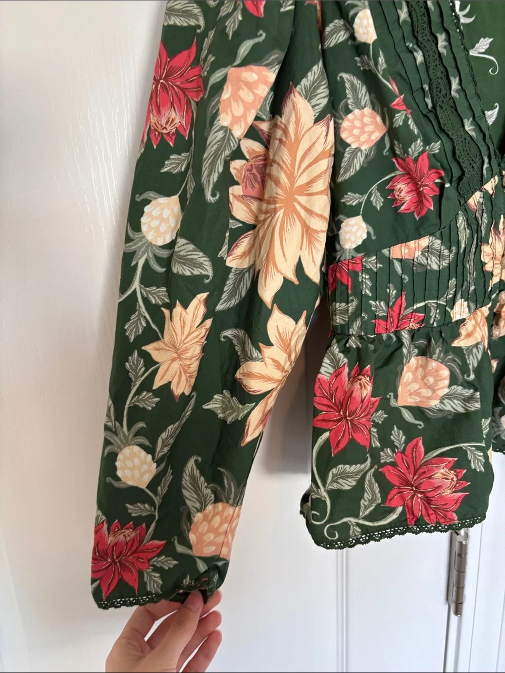 FARM Rio Green Floral Peplum Blouse with Pink and Cream Flowers